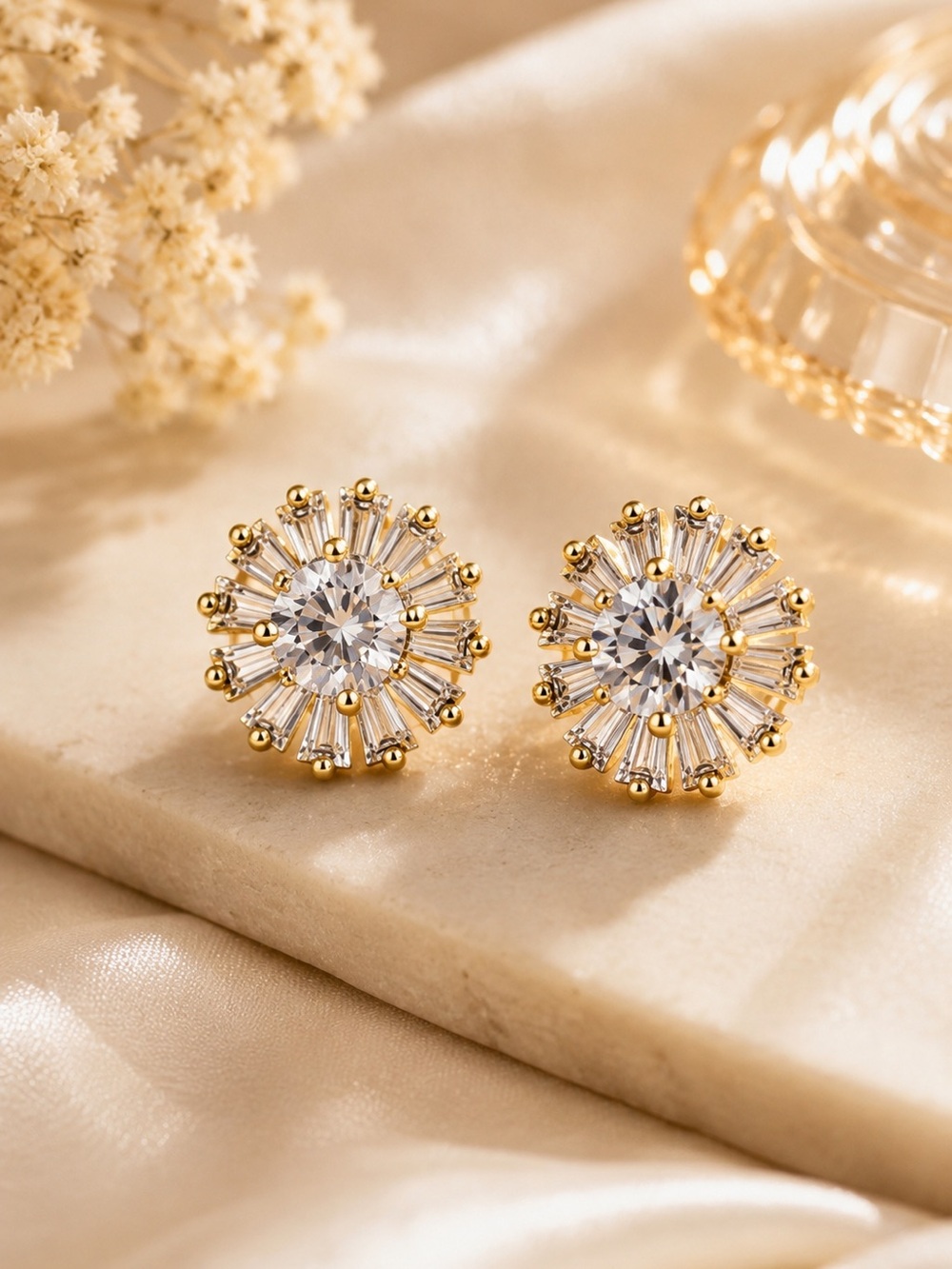 18K Gold Plated Cubic Zirconia Baguette Halo Stud Earrings Bridal NWT